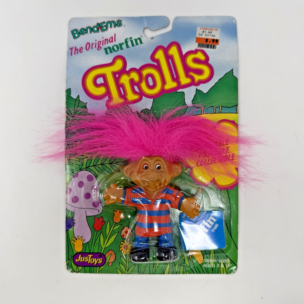 Rare 1992 Bend-Ems Original Norfin Troll Pink Hair Striped Shirt Just Toys NIB